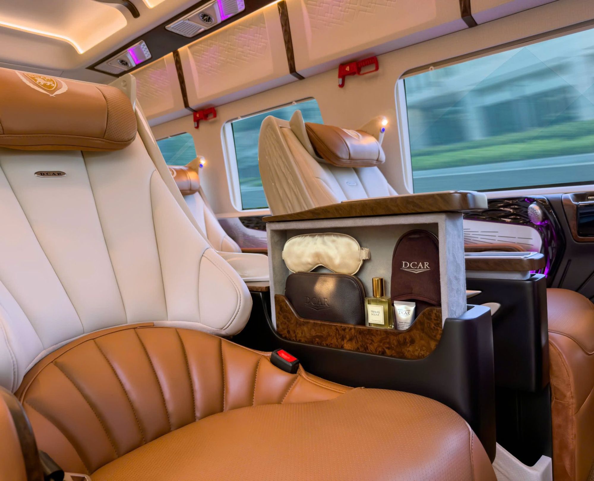 Close-up-of-DCar-Business-Class-personal-amenity-kit-including-eye-mask-and-slippers-on-a-luxury-leather-seat