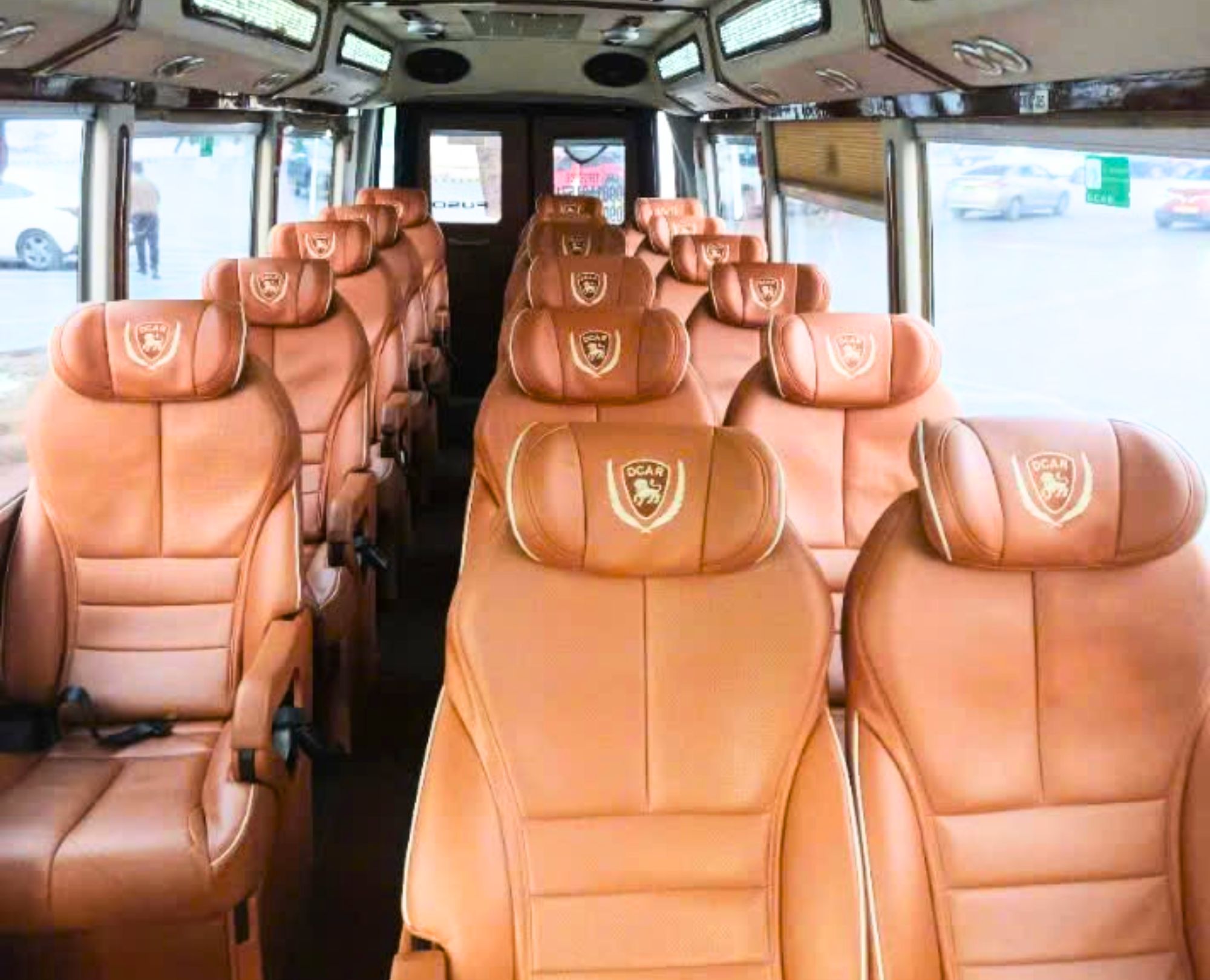 Spacious-passenger-cabin-of-a-19-seat-Fuso-Limousine-for-VIP-group-travel