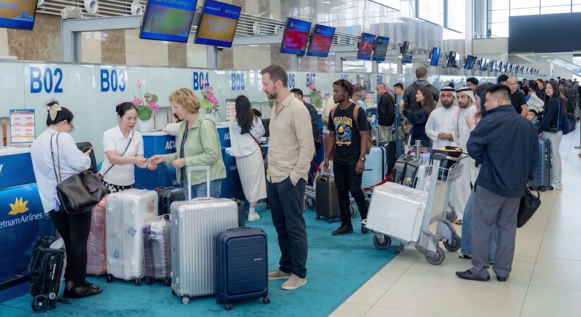 Travelers-with-luggage-waiting-in-line-at-the-Vietnam-Airlines-check-in-counters-inside-the-departure-terminal