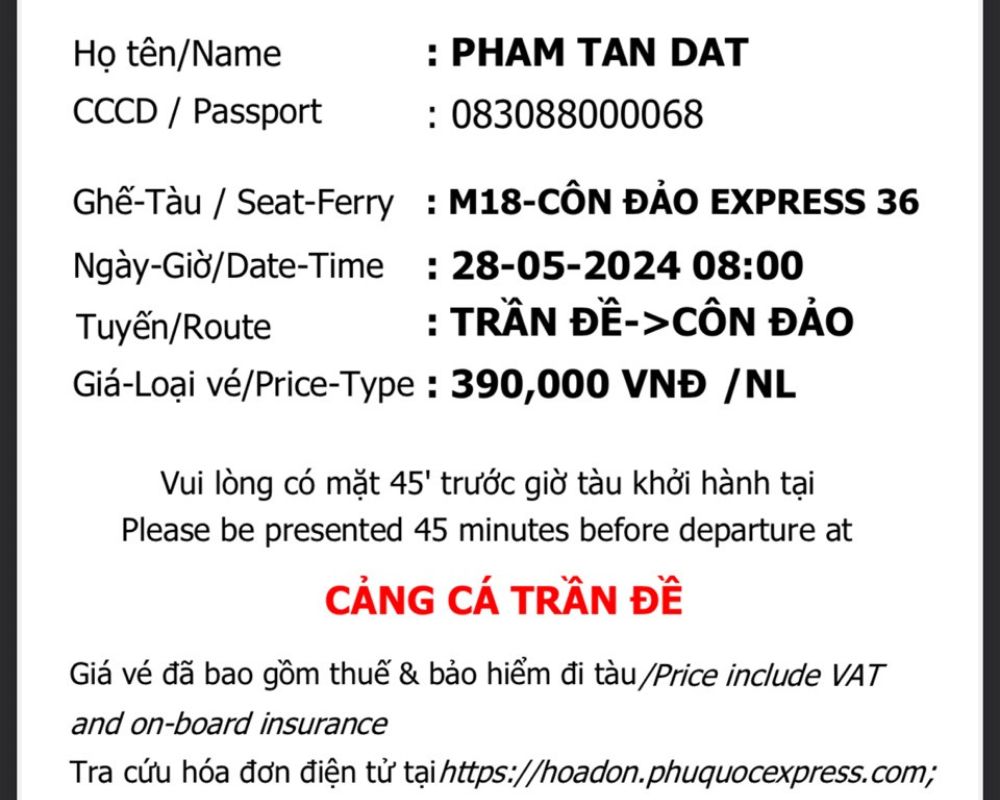 Ticket price from Tran De to Con Dao