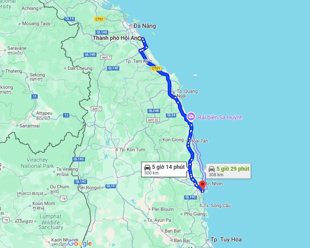 Map from Hoi An to Qui Nhon