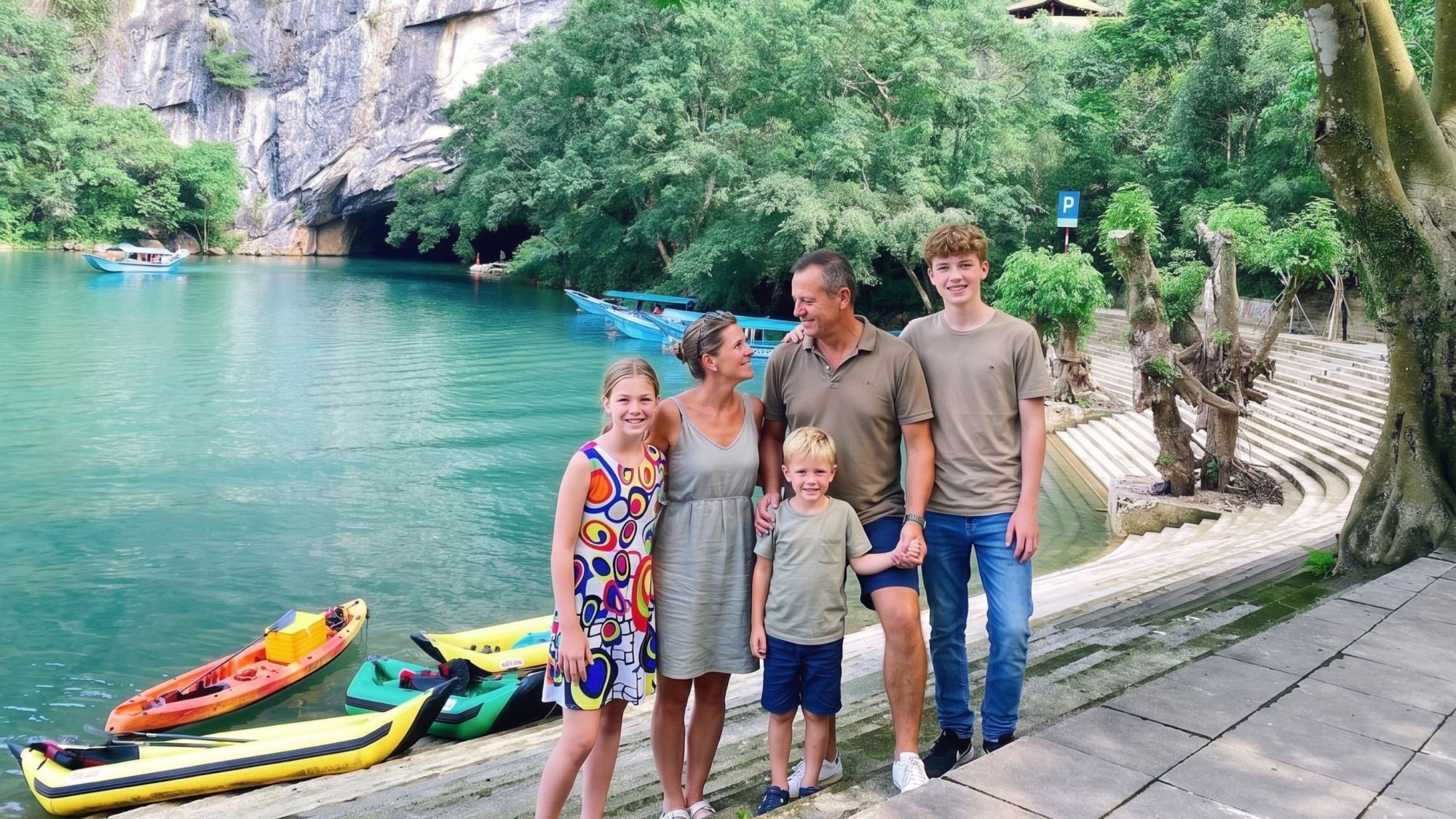 Happy-foreign-family-of-five-posing-in-front-of-the-beautiful-river-and-cave-entrance-at-Phong-Nha-Ke-Bang-National-Park
