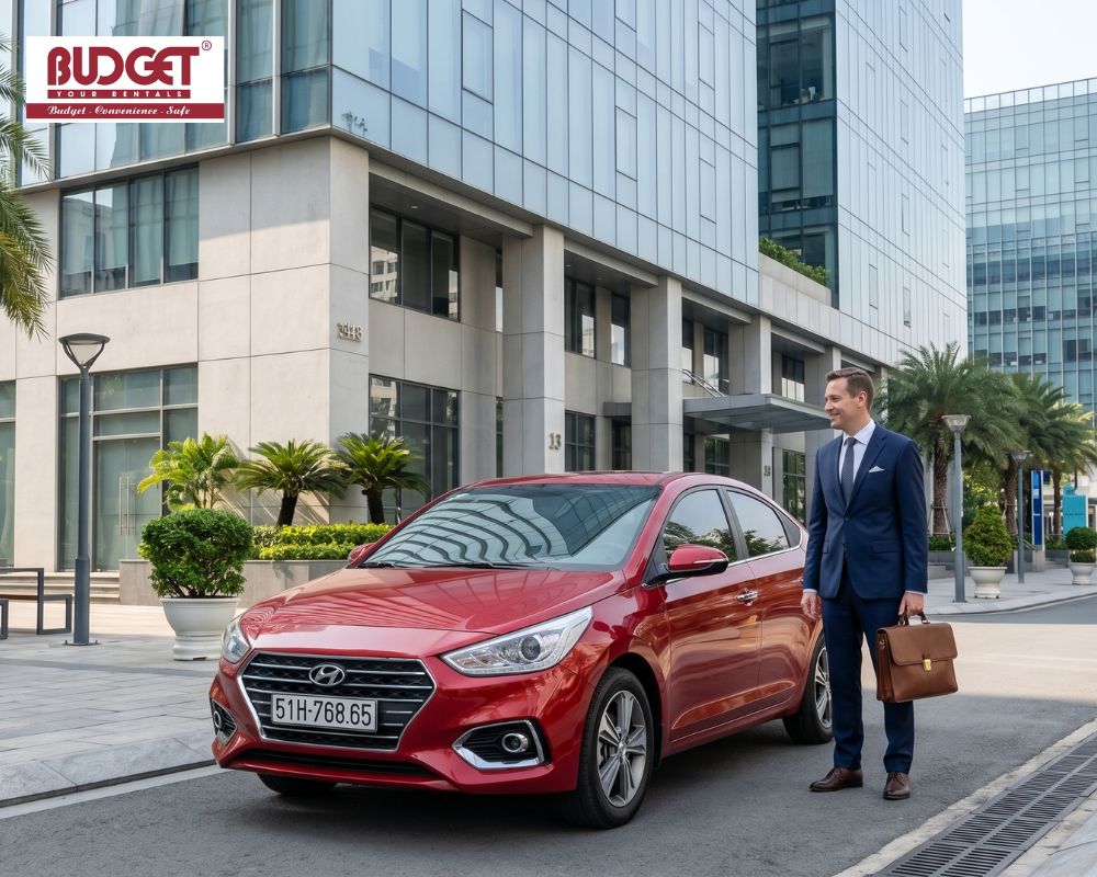 Red-Hyundai-Accent-sedan-waiting-for-a-corporate-client-outside-a-modern-office-building-for-business-transfer-service