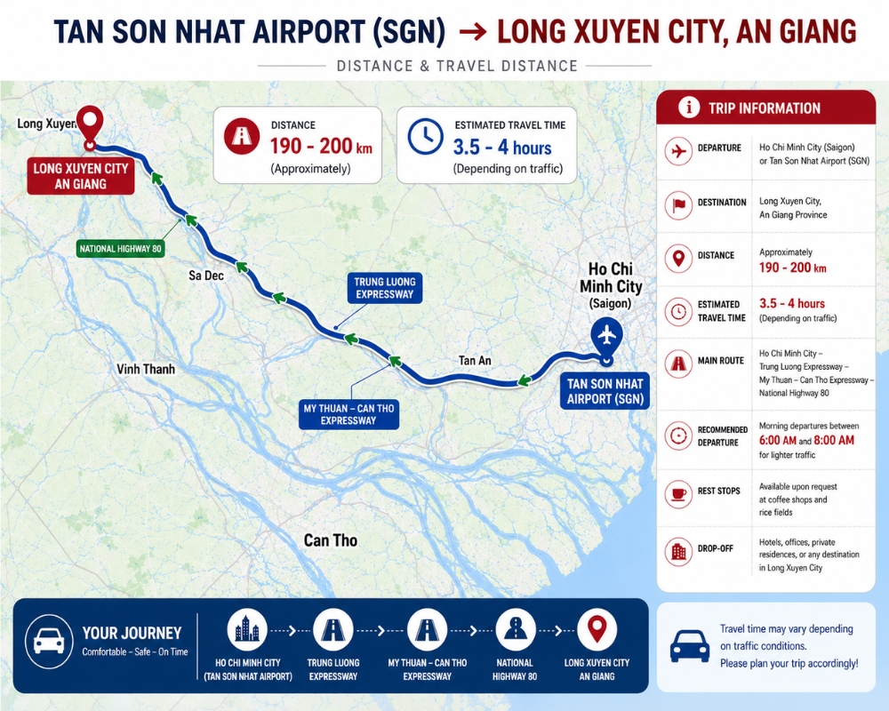 Distance & route from Tan Son Nhat Airport (SGN) to Long Xuyen, An Giang