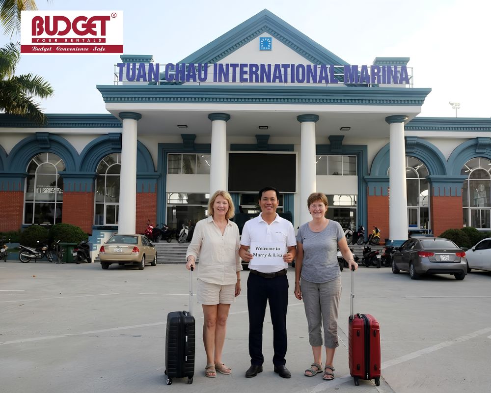 Our-driver-welcomed-two-Canadian-women-with-a-name-sign-in-front-of-Tuan-Chau-International-Marina