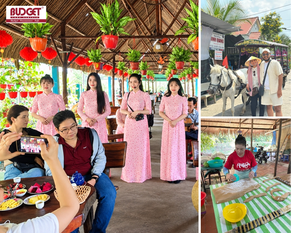 Travelers visit a coconut candy workshop, ride a traditional horse carriage, and enjoy live folk music