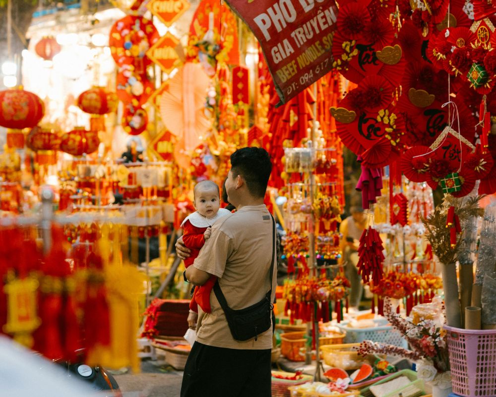 Market with decorations during Tet Holiday in Vietnam