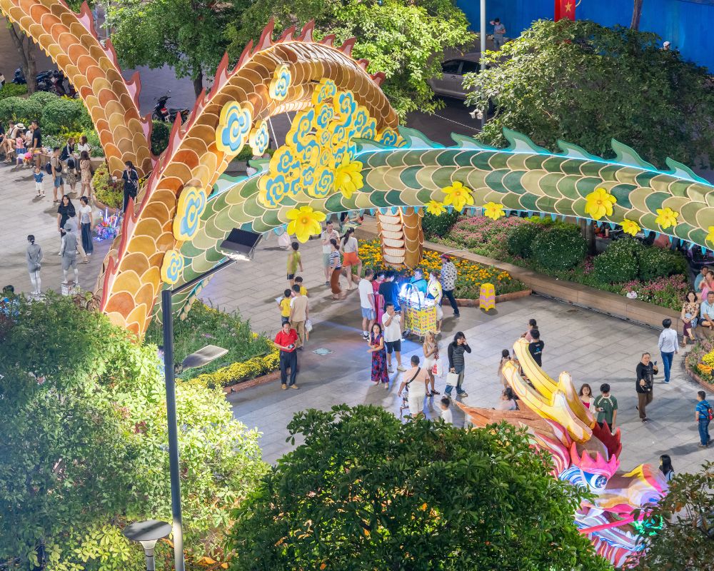 Nguyen Hue Flower Street 2024 with dragon mascot