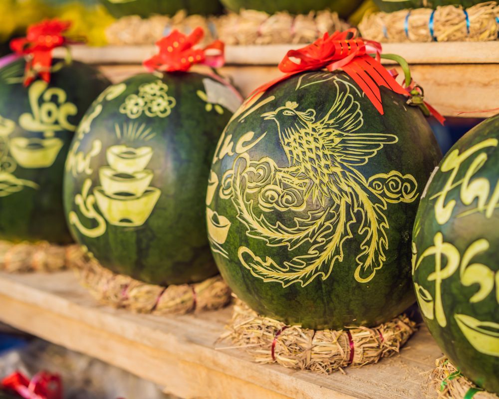 Water melons with festive engraving on Tet Eve