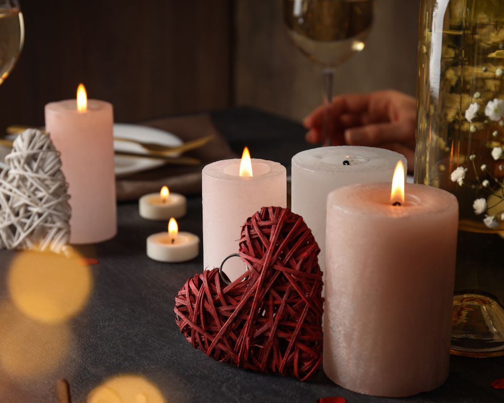 Happy Valentine day dinner on dark wooden table