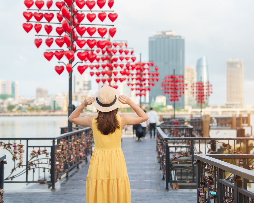 Visit love lock bridge Landmark at Danang