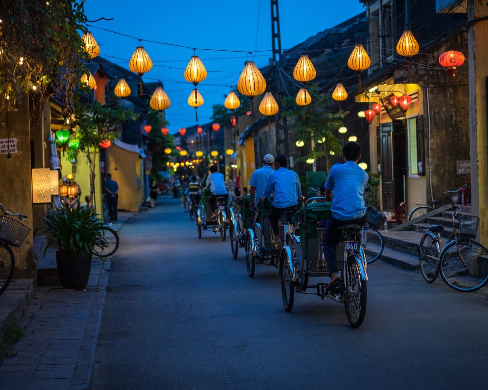 Hoian Night life view of busy street in Hoi An, Vietnam