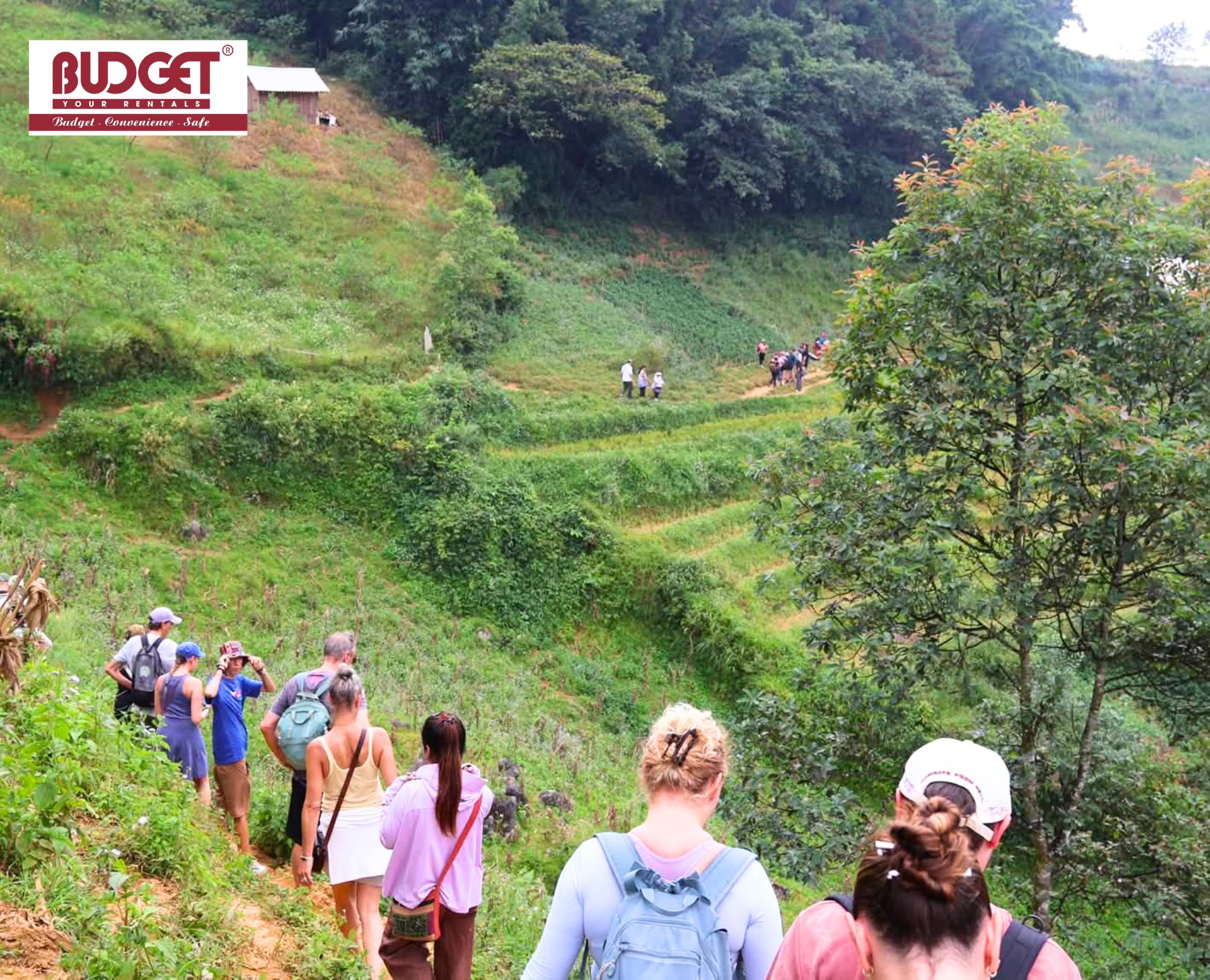 Group-of-hikers-who-walk-along-a-narrow-mountain-path-during-multi-day-treks