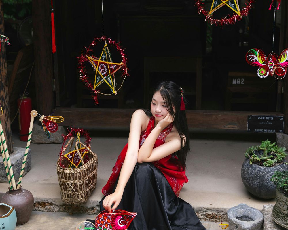 Young woman take a photo in Mid Autumn Festival in Vietnam