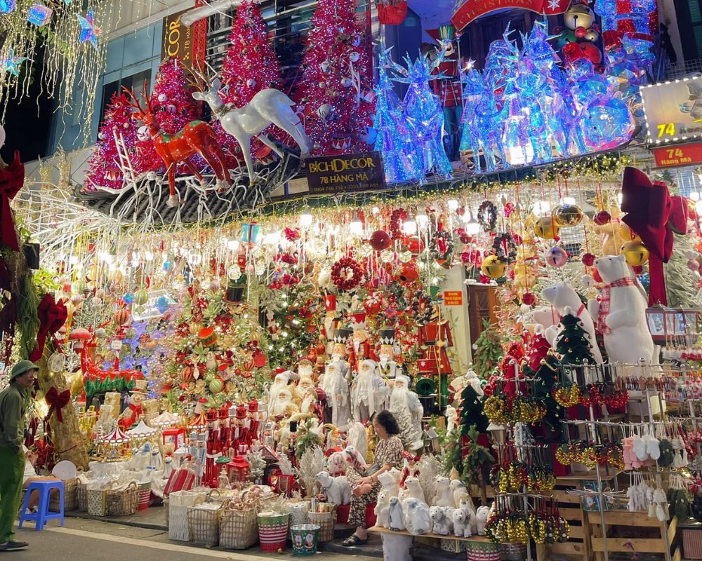 Christmas market with festive decorations.  