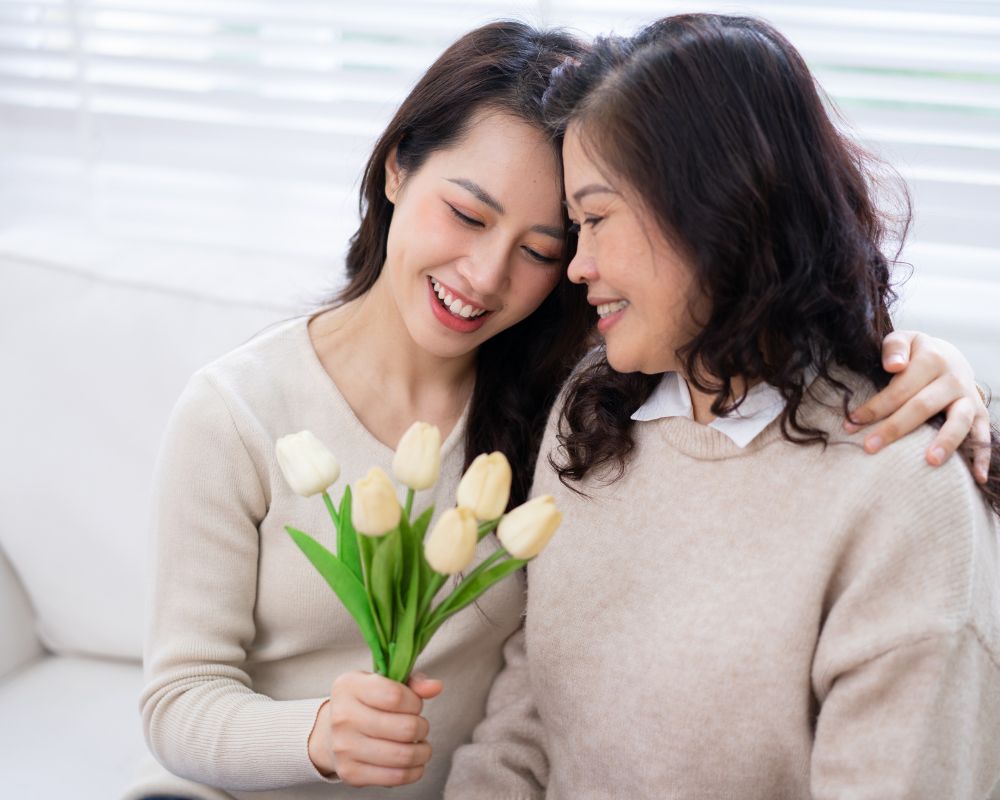 Giving flowers for mother