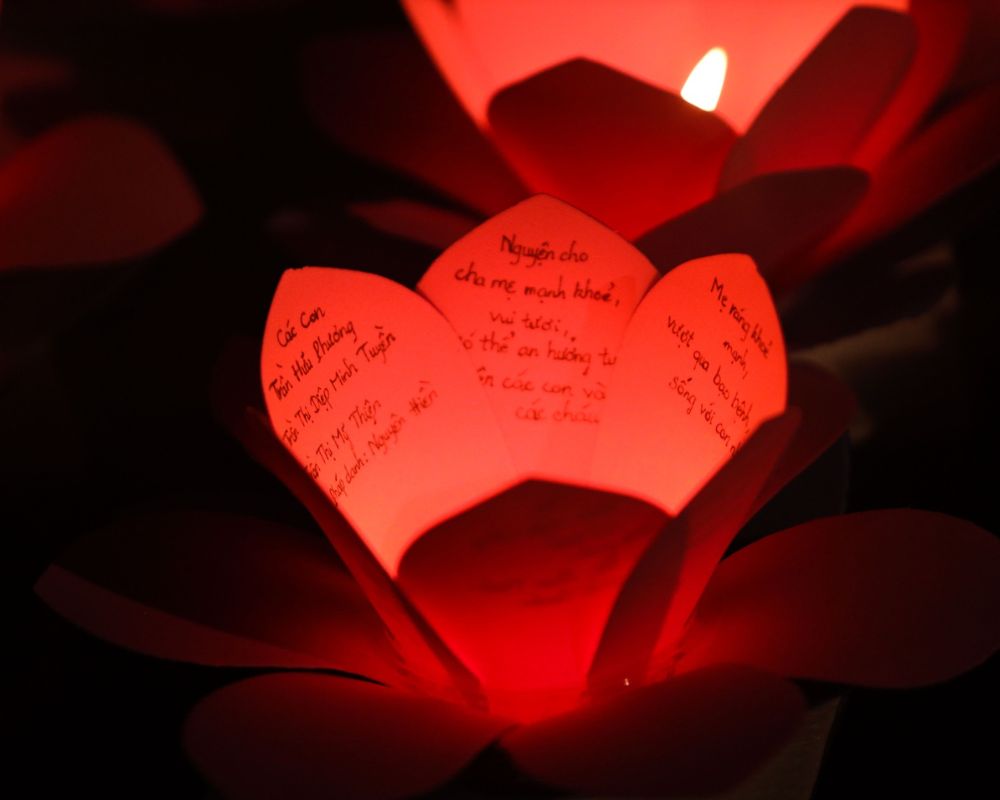 Handwritten prayers and wishes placed inside lotus lanterns