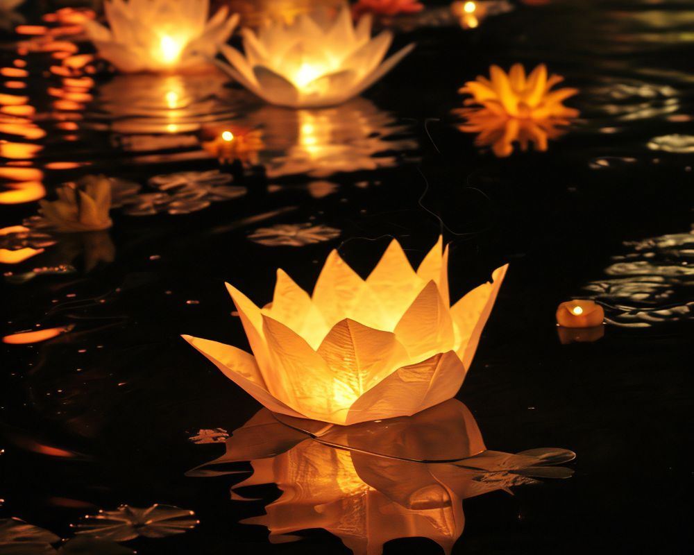 Floating lanterns illuminate the water, carrying prayers and wishes during Vu Lan Festival.