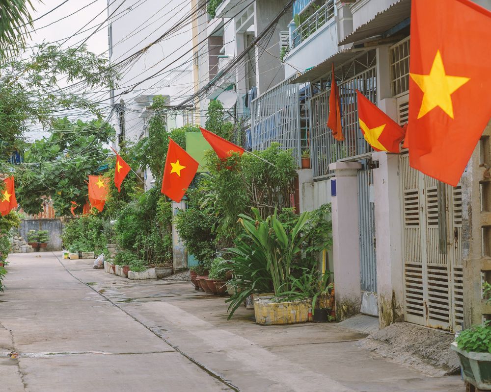 Flags along a small street in Hanoi during the celebration of Vietnam National Day